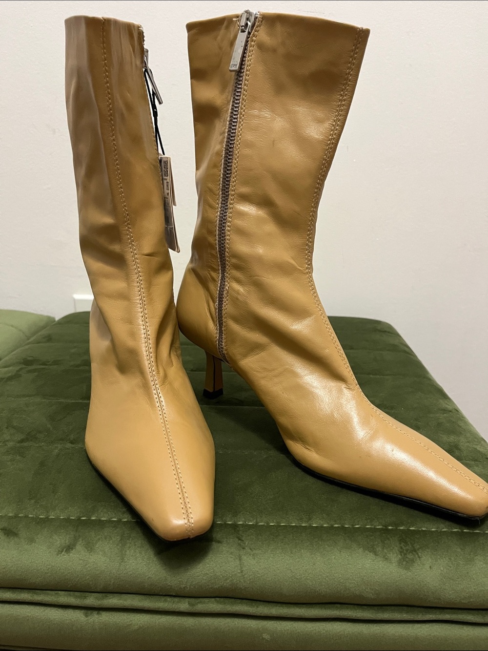 Zara Camel Leather Pointed-Toe Mid-Calf Heeled Boots